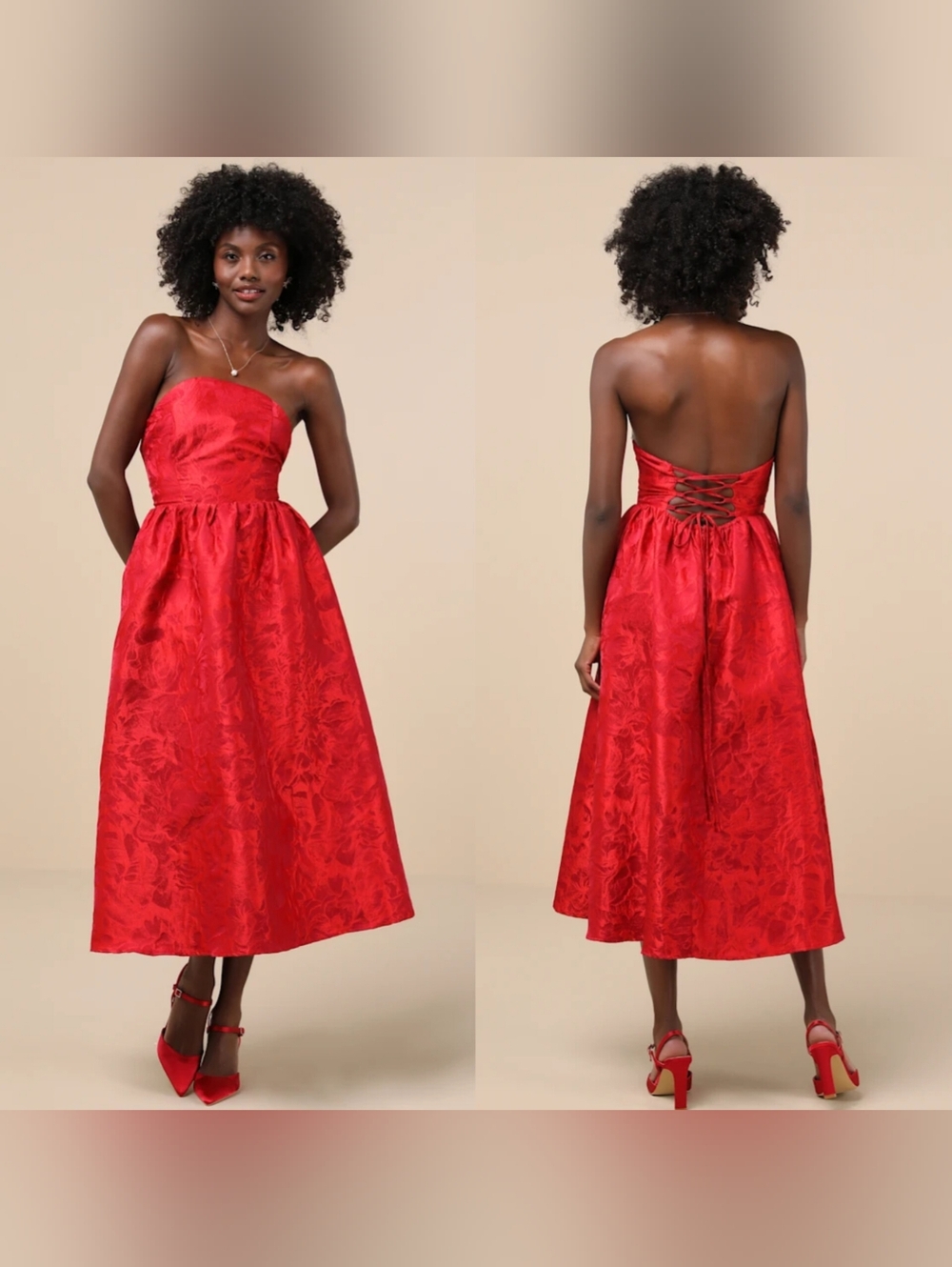Lulus Picturesque Icon Red Jacquard Lace-Up Strapless Midi Dress M Wedding Party